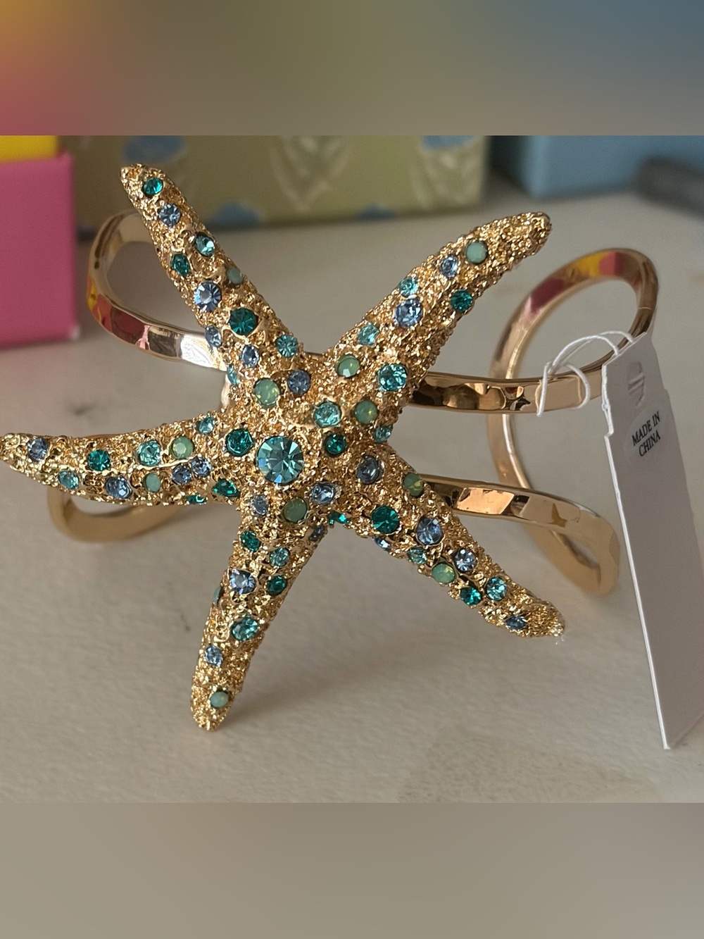 True to Form Gold Starfish Cuff Bracelet with Aqua & Teal Crystal Accents